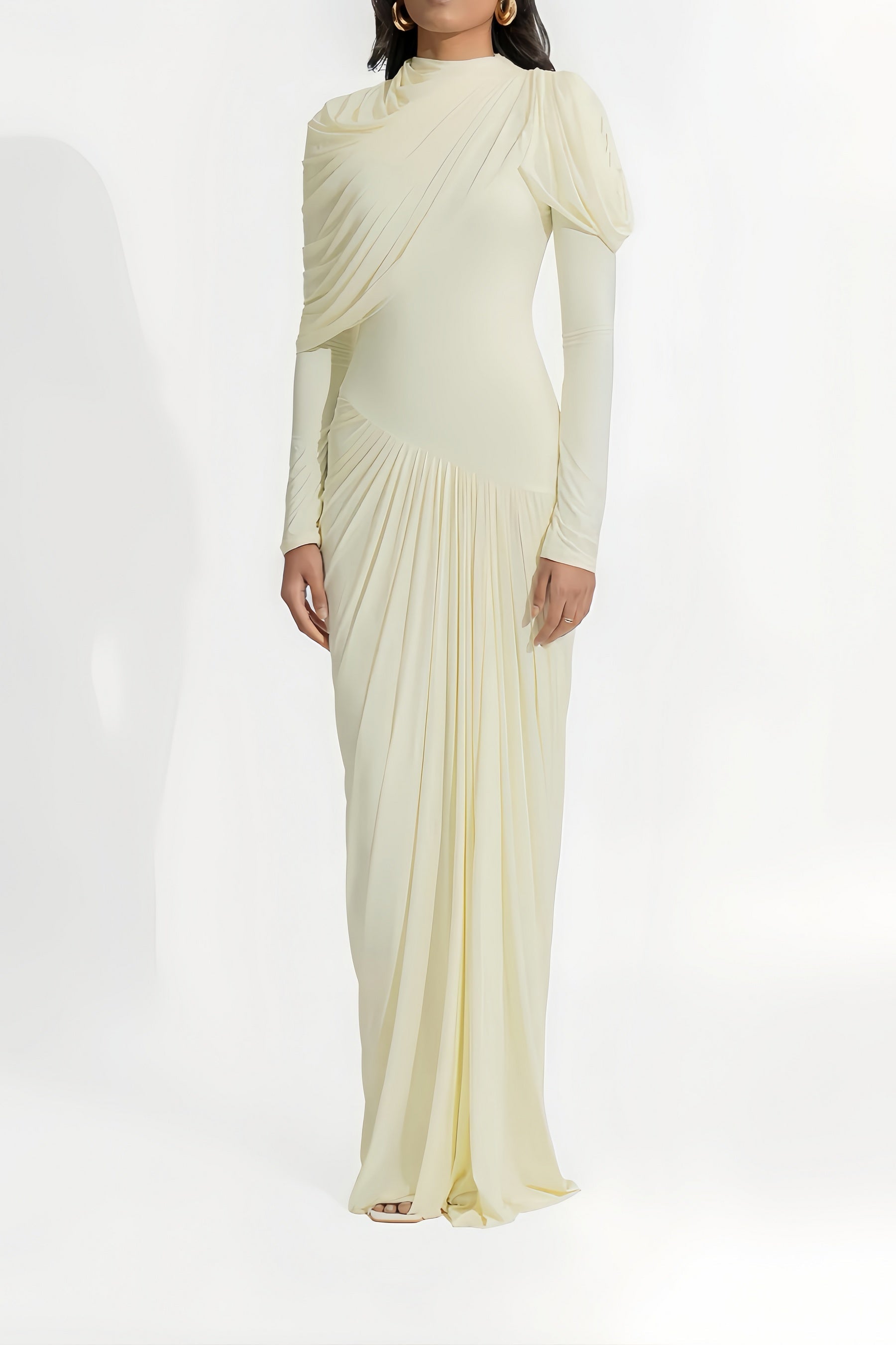 Cream and White Draped Asymmetrical Long Sleeve Dress