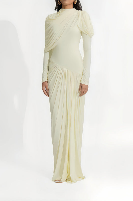 Cream and White Draped Asymmetrical Long Sleeve Dress
