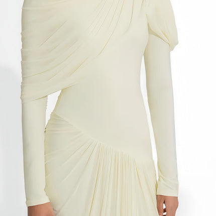 Cream and White Draped Pleated Asymmetrical Floor Length Dress