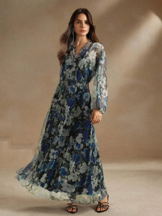 Crew Neck Long Sleeve Ditsy Floral Vacation Dress