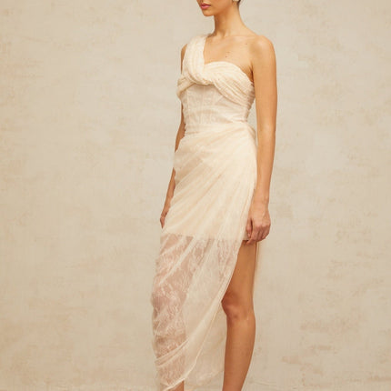 Cristiana Neutrals Floral Lace Midi Dress with Tulle Panelling and Side Slit