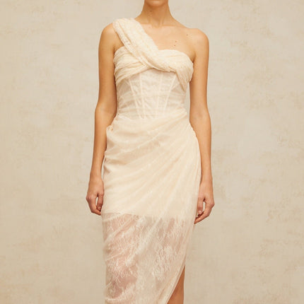 Cristiana Neutrals Floral Lace Tulle Midi Dress Mono Shoulder Side Slit Boned Bodice Gathered Detailing Half Lining Rear Zip Fastening Ankle-Length 65% Cotton 35% Nylon