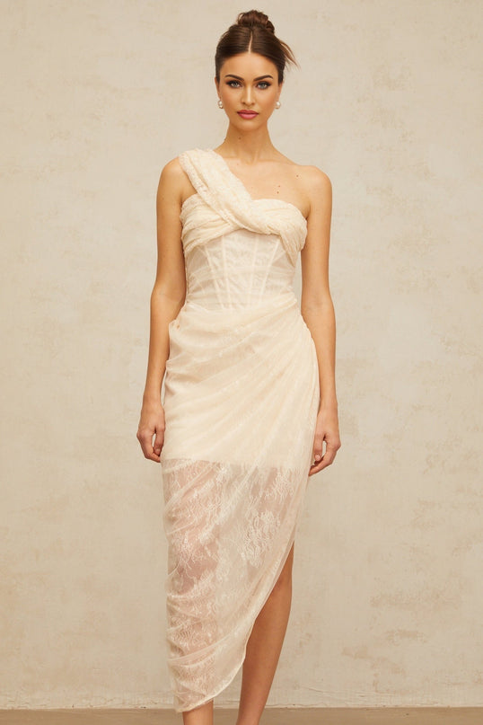 Cristiana Neutrals Floral Lace Tulle Midi Dress Mono Shoulder Side Slit Boned Bodice Gathered Detailing Half Lining Rear Zip Fastening Ankle-Length 65% Cotton 35% Nylon