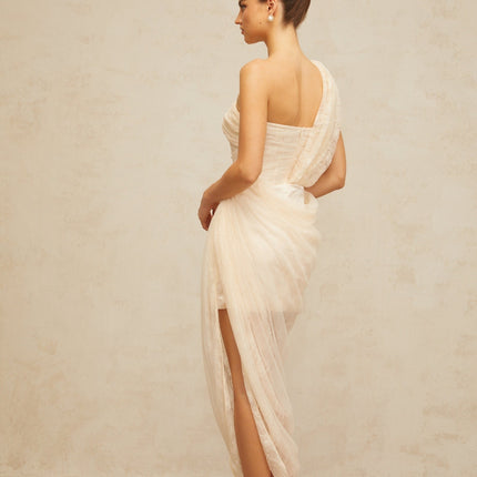 Cristiana Neutrals Floral Lace Tulle Midi Dress Mono Shoulder Side Slit Boned Bodice Gathered Detailing Half Lining Rear Zip Fastening Ankle-Length 65% Cotton 35% Nylon