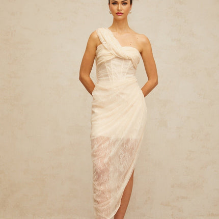 Cristiana Neutrals Lace Tulle Midi Dress Boned Bodice Side Slit Ankle Length Women's Dress