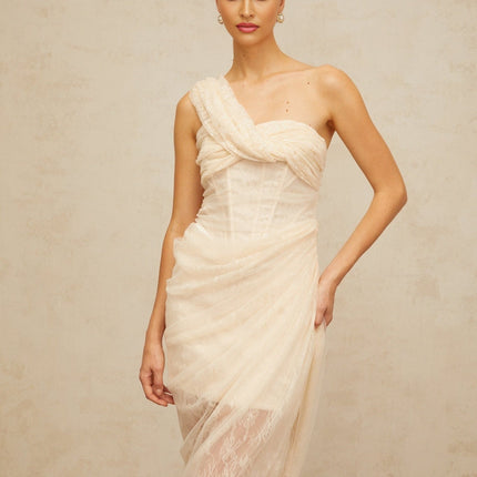 Cristiana Neutrals Lace Tulle Midi Dress Mono Shoulder Side Slit Gathered Detailing Boned Bodice Half Lining Rear Zip Fastening Ankle Length 65% Cotton 35% Nylon