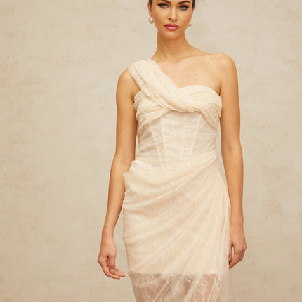Cristiana Neutrals Lace Tulle Midi Dress with Mono Shoulder Design and Side Slit