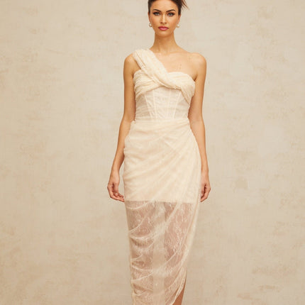 Cristiana Neutrals Lace Tulle Midi Dress with Side Slit Boned Bodice Gathered Detailing