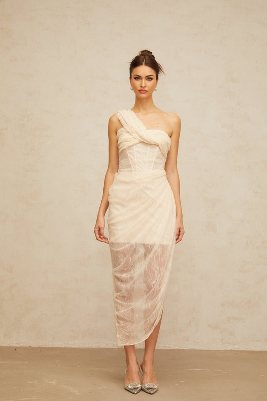 Cristiana Neutrals Lace Tulle Midi Dress with Side Slit Boned Bodice Gathered Detailing
