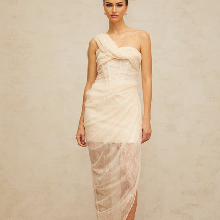 Cristiana Neutrals Lace Tulle Midi Dress Boned Bodice Side Slit Gathered Detailing Elegant Sophisticated Ankle-Length Women's Dress