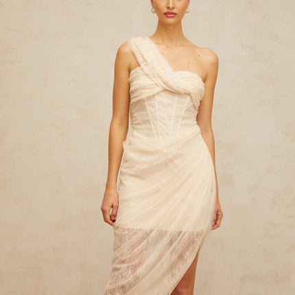 Cristiana Neutrals Lace Tulle Midi Dress Mono Shoulder Side Slit Gathered Detailing Boned Bodice Half Lining Rear Zip Fastening Ankle-Length 65% Cotton 35% Nylon