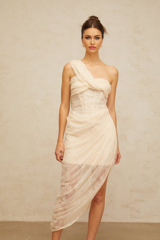 Cristiana Neutrals Lace Tulle Midi Dress Mono Shoulder Side Slit Gathered Detailing Boned Bodice Half Lining Rear Zip Fastening Ankle-Length 65% Cotton 35% Nylon