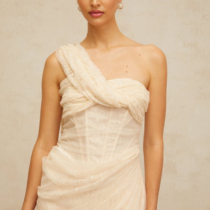 Cristiana Neutrals Lace Tulle Midi Dress Boned Bodice Side Slit Ankle Length Women's Dress