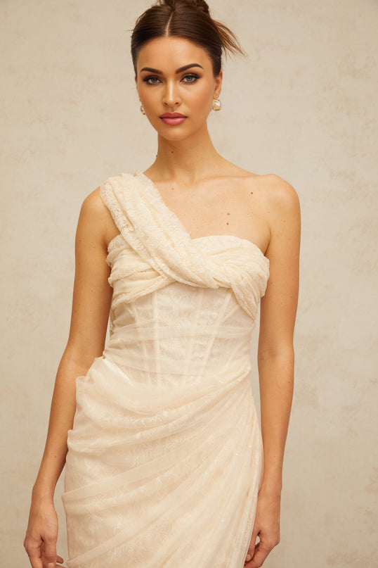 Cristiana Neutrals Lace Tulle Midi Dress Boned Bodice Side Slit Ankle Length Women's Dress