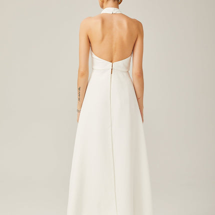 Cristiana White Halterneck Two-Piece Dress with Ruffled-Cut Trim