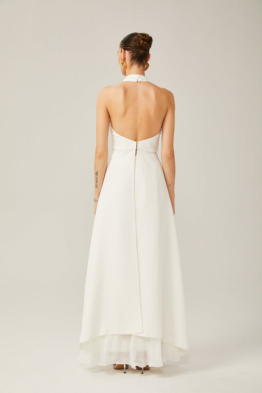 Cristiana White Halterneck Two-Piece Dress with Ruffled-Cut Trim