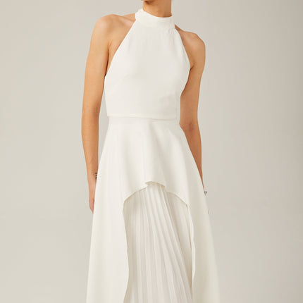 Cristiana White Halterneck Two-Piece Dress with Ruffled-Cut Trim