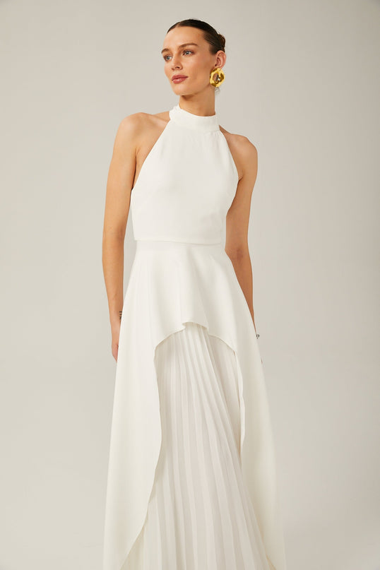 Cristiana White Halterneck Two-Piece Dress with Ruffled-Cut Trim