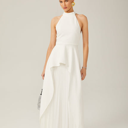 Cristiana White Halterneck Two-Piece Dress with Ruffled-Cut Trim