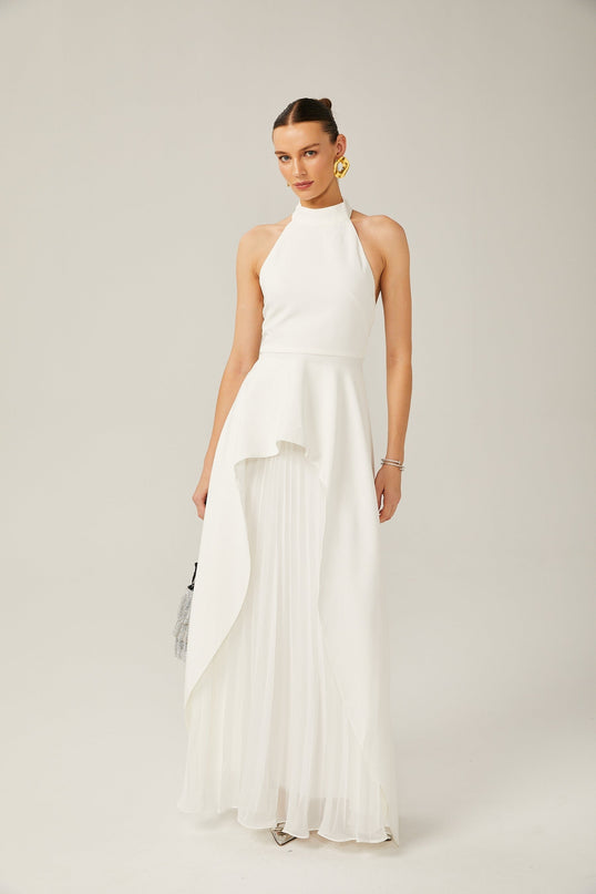 Cristiana White Halterneck Two-Piece Dress with Ruffled-Cut Trim