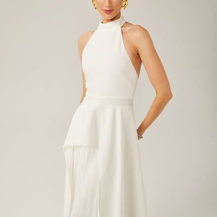 Cristiana White Halterneck Two-Piece Dress with Ruffled-Cut Trim