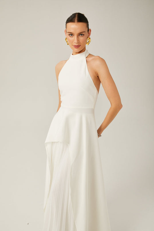 Cristiana White Halterneck Two-Piece Dress with Ruffled-Cut Trim