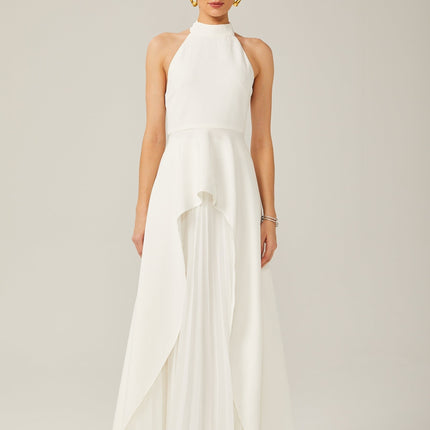 Cristiana White Halterneck Two-Piece Dress with Open-Back Detail and Ruffled-Cut Trim