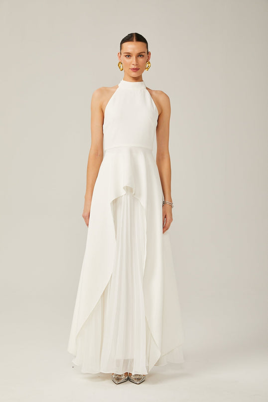 Cristiana White Halterneck Two-Piece Dress with Open-Back Detail and Ruffled-Cut Trim