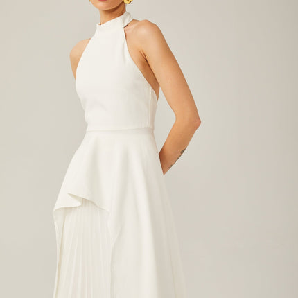 Cristiana White Halterneck Two-Piece Dress with Open-Back Detail and Ruffled-Cut Trim