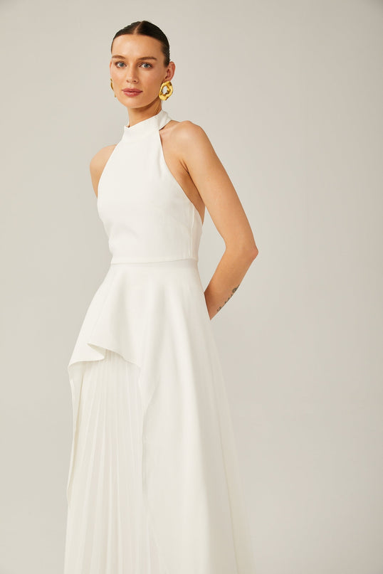 Cristiana White Halterneck Two-Piece Dress with Open-Back Detail and Ruffled-Cut Trim