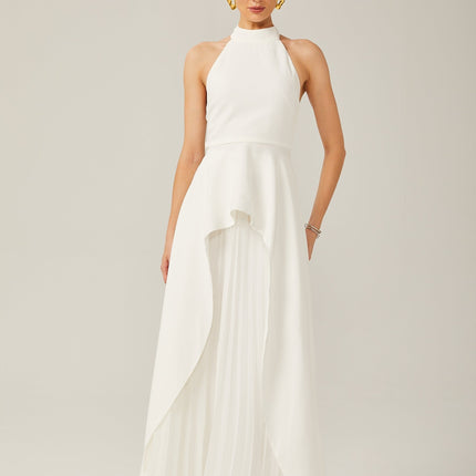 Cristiana White Halterneck Two-Piece Dress with Open-Back Detail and Ruffled-Cut Trim