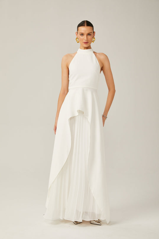 Cristiana White Halterneck Two-Piece Dress with Open-Back Detail and Ruffled-Cut Trim