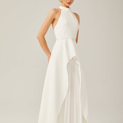 Cristiana White Halterneck Two-Piece Dress Open-Back Ruffled-Cut Trim Layered Design 100% Terylene Fiber