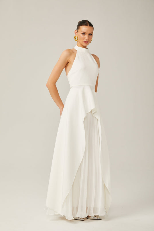 Cristiana White Halterneck Two-Piece Dress Open-Back Ruffled-Cut Trim Layered Design 100% Terylene Fiber