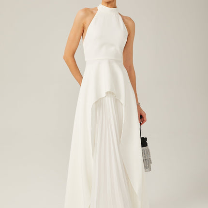Cristiana White Halterneck Two-Piece Dress Open Back Ruffled Trim Layered Design 100% Terylene Fiber