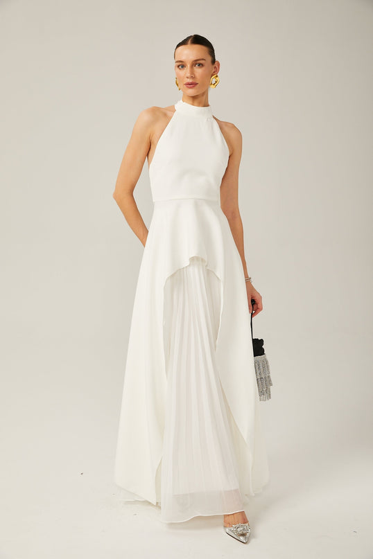 Cristiana White Halterneck Two-Piece Dress Open Back Ruffled Trim Layered Design 100% Terylene Fiber