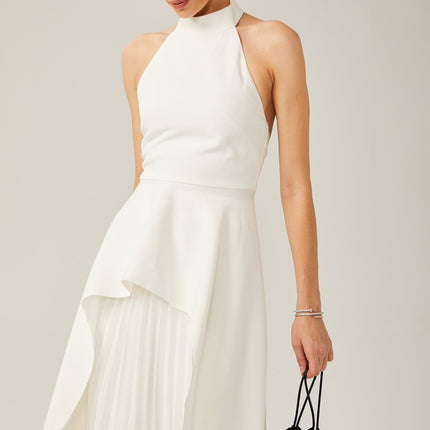 Cristiana White Halterneck Two-Piece Dress with Open-Back Detail and Ruffled-Cut Trim