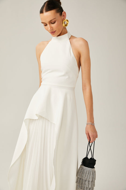 Cristiana White Halterneck Two-Piece Dress with Open-Back Detail and Ruffled-Cut Trim