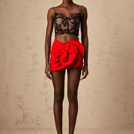 Cristina Red Floral Appliqué Mini Skirt With Twist Detailing