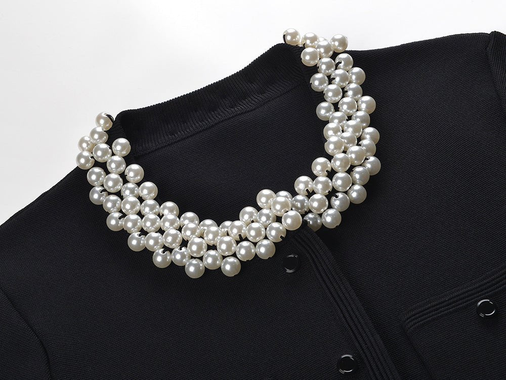 Crop Top & Flared Skirt Set with Elegant Pearl Collar Detail - Black