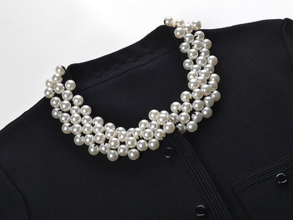 Crop Top & Flared Skirt Set with Elegant Pearl Collar Detail - Black