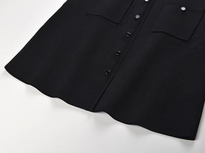 Crop Top & Flared Skirt Set with Elegant Pearl Collar Detail - Black