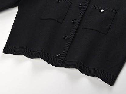 Crop Top & Flared Skirt Set with Elegant Pearl Collar Detail - Black