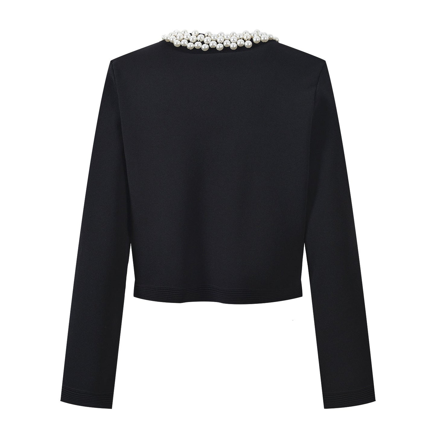 Crop Top & Flared Skirt Set with Elegant Pearl Collar Detail - Black