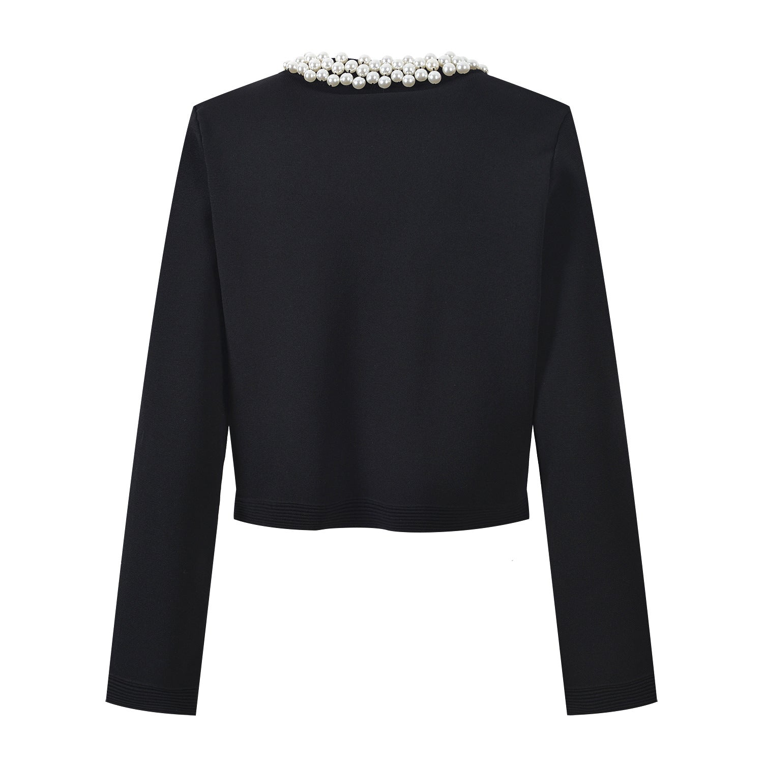 Crop Top & Flared Skirt Set with Elegant Pearl Collar Detail - Black