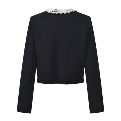 Crop Top & Flared Skirt Set with Elegant Pearl Collar Detail - Black