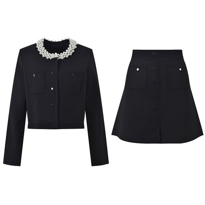 Crop Top & Flared Skirt Set with Elegant Pearl Collar Detail - Black