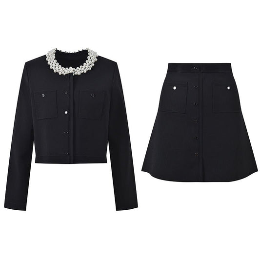Crop Top & Flared Skirt Set with Elegant Pearl Collar Detail - Black