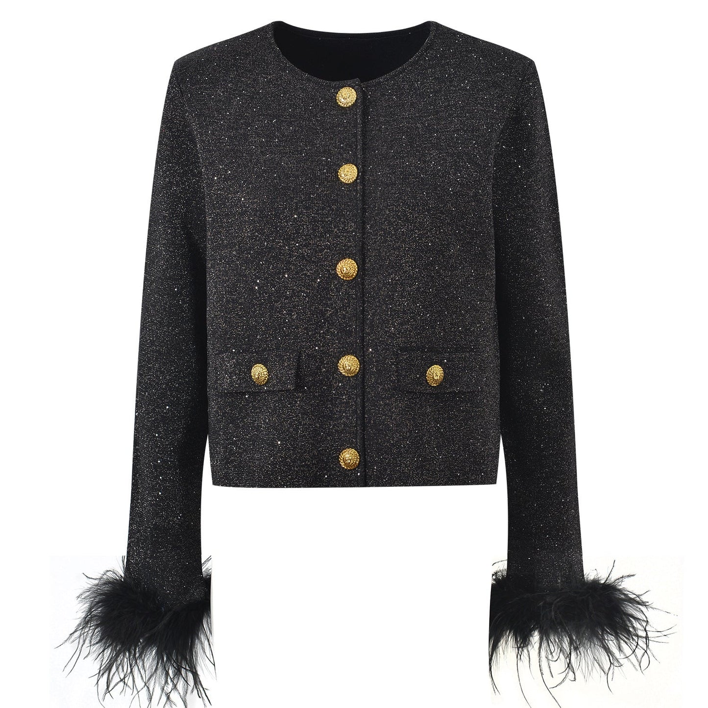 Cropped Button - Up with Feather Accents - Black