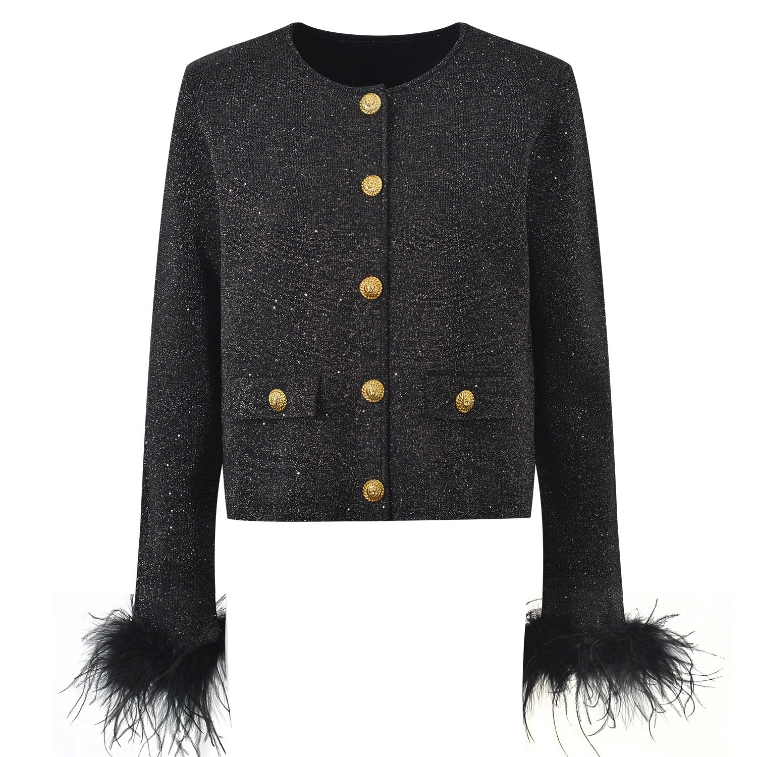 Cropped Button - Up with Feather Accents - Black